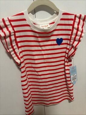 Cat & Jack White and Red Striped Flutter Sleeve Tee with Blue Heart